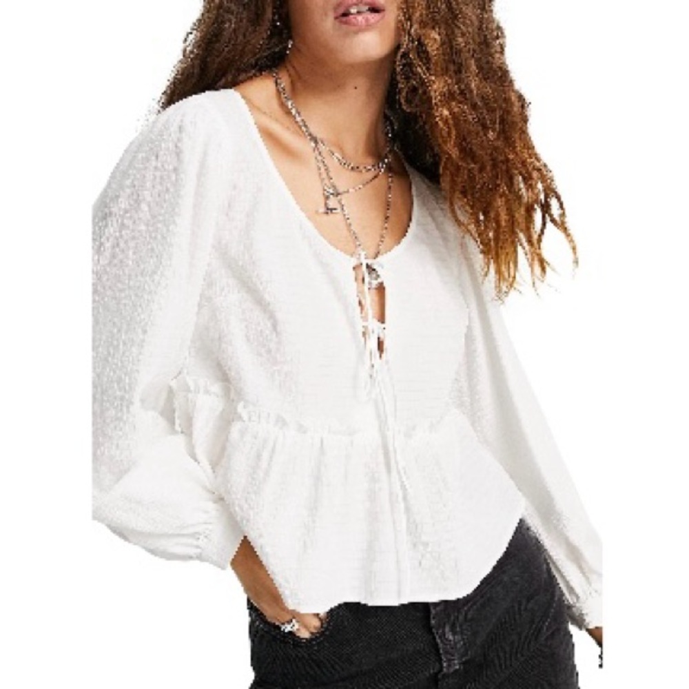 Topshop Cream Blouse with Tie Front and 3/4 Sleeves
